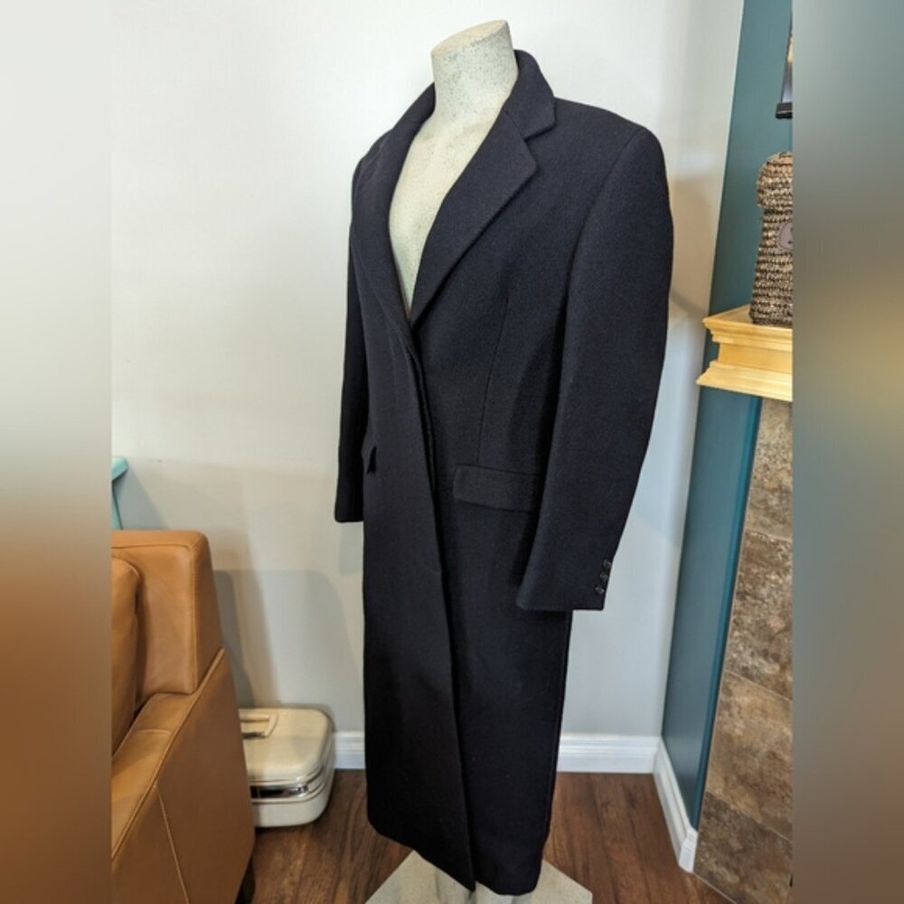 Harry Rosen Crombie Scotland pure virgin wool trench coat black/blue weave Sz M - Picture 4 of 16